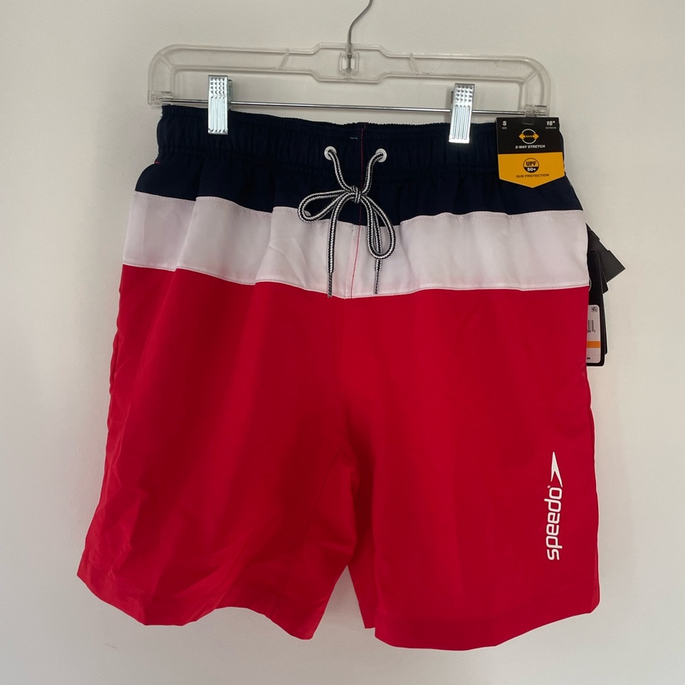 NWT Speedo Men’s Red White Blue American Swim Trunks 18” Inseam Small UPF 50